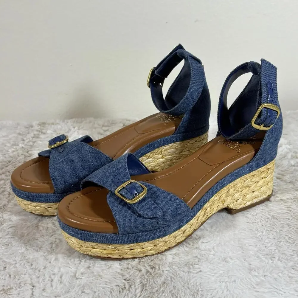 Vince Camuto Denim Espadrille Wedge Sandals Womens 9M EU 40 Ankle Strap Blue